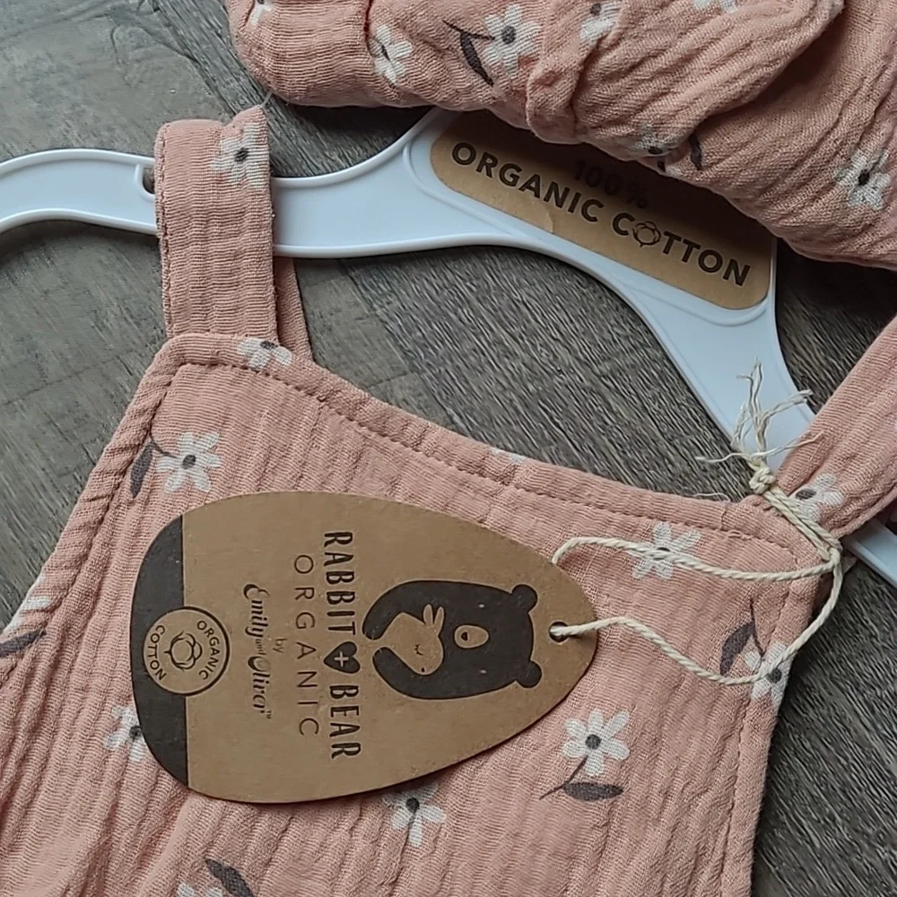 Rabbit Bear Organic Peach Floral Baby Romper with Matching Hat